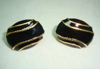 Vintage 80s Signed Napier Black Enamel and Gold Oval Clip On Earrings