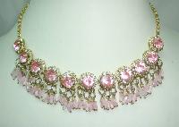 1950s FAB Pink Diamante Flower Bead Drop Gold Necklace 