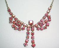 Vintage 50s Charming Pink AB Diamante Rhinestone Bow Drop Necklace