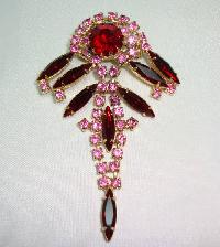 £19.00 - Vintage 50s Unusual Pink and Red Diamante Flower Dangle Drop Brooch