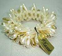 Vintage 60s Wide Faux Pearl & Gold Bead Drop Bracelet
