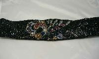 Vintage 80s Wide Black Glass Bugle Bead Flower Design Cumberbund Belt