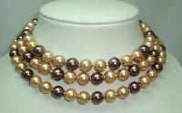 1980s Long Gold Brown  Glass Faux Pearl Bead Necklace 