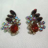 1950s Fab Amber & Blue Red AB Diamante Clip Earrings