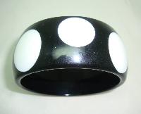 Stunning Chunky Wide Black Lucite Plastic Bangle Big White Polka Dots