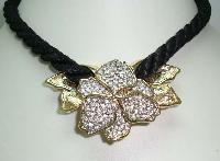 Vintage 80s Designer Diamante Goldtone Pendant Necklace on Black Cord 