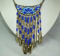 Vintage 70s Style Blue Enamel Flower Tassel Boho Statement Necklace 