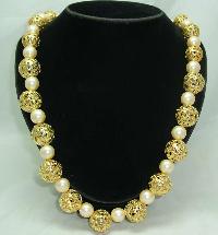 1950s Chunky Faux Pearl & Gold Filigree Bead Necklace  