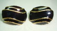 £14.00 - Vintage 80s Signed Napier Black Enamel and Gold Oval Clip On Earrings
