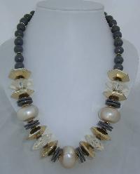 Vintage 70s Chunky Grey Gold & Faux Pearl Bead Necklace