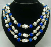 1950s 3 Row Faux Pearl & Blue Bead Necklace Nice Clasp
