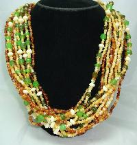 1950s Style 14 Row Amber Green Cream Bead Necklace WOW