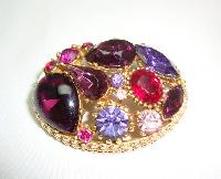 Vintage 50s Sphinx Purple Pink Glass Diamante Domed Gold Brooch