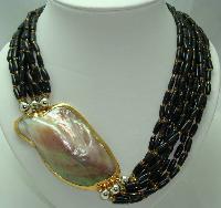 Vintage 70s 9 Row Brown Bead Necklace Huge MOP Side Feature Fabulous!