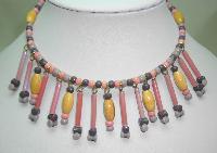 £27.00 - 1960s Pink and Grey Glass and Wood Bead Drop Flexible Choker Necklace 