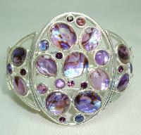 Vintage 50s Style Wide Purple Lucite & Diamante Silver Cuff Bracelet 