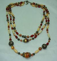 £14.00 - 1930s Style 3 Row Cream Red & Gold Lucite Bead Necklace