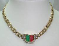 Vintage 80s  Red and Green Glass Diamante Fancy Gold Link Necklace FAB
