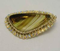 Vintage 50s Abstract Green Agate Glass Diamante Brooch