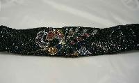 Vintage 80s Wide Black Glass Bugle Bead Flower Design Cumberbund Belt