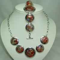 £76.00 - Fabulous Chunky Red Murano Glass Circles Silver Necklace and Bracelet 