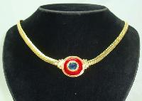 Vintage 80s Red Enamel Blue Diamante Gold Necklace   