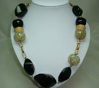 Signed Jaeger Contemporary Chunky Black Taupe Bead Gold Chain Necklace