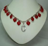 Vintage 80s Stunning Red Lucite Heart Bead Charm Silver Link Necklace