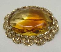 £19.00 - Vintage 1950s Huge Domed Amber Glass Diamante Gold Brooch