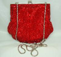 £44.00 - Vintage 80s Fab Red Glass Bugle Bead Scallop Design Evening Handbag