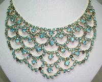 1950s Glam Aqua Blue Diamante Festoon Cascade Necklace Statement Piece