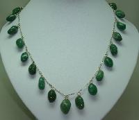Vintage 30s Beautiful Real Aventurine Smooth Bead Drop Silver Necklace