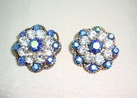 Vintage 50s Blue & Clear Diamante Flower Clip On Earrings