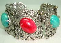 Vintage 50s Wide Green & Red Glass Stone Ornate Silvertone Bracelet 