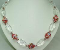 Vintage 30s Crystal & Pink Venetian Murano Glass Flowers Bead Necklace