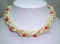 Vintage 50s Pretty 4 Row Faux Pearl and Orange Bead Torsade Necklace