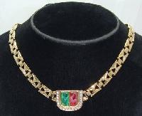 Vintage 80s  Red and Green Glass Diamante Fancy Gold Link Necklace FAB