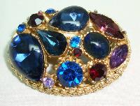Vintage 50s Sphinx Purple & Blue Glass Diamante Domed Gold Brooch