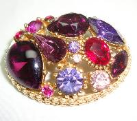 Vintage 50s Sphinx Purple Pink Glass Diamante Domed Gold Brooch