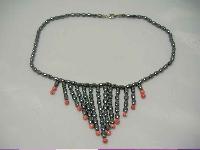Vintage 80s Amazing Real Hematite & Coral Bead Bib Drop Necklace 