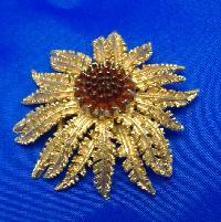Vintage 60s Signed Sarah Cov Fabulous Gold Amber Glass Flower Brooch 
