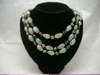 Vintage 50s 3 Row Faux Pearl Green Glass Bead Necklace