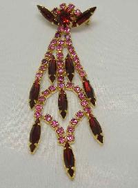 Vintage 50s Deco Style Sparkling Red and Pink Diamante Drop Brooch