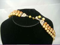 Vintage 50s 3 Row Shades of Cream and Gold Faux Pearl Bead Necklace