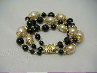 Vintage 80s Fab 3 Row Black Glass and Faux Pearl Bead Gold Bracelet