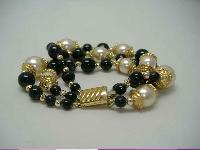 Vintage 80s Fab 3 Row Black Glass and Faux Pearl Bead Gold Bracelet