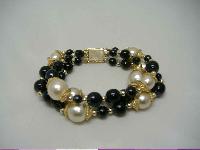Vintage 80s Fab 3 Row Black Glass and Faux Pearl Bead Gold Bracelet