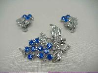 1950s Blue Diamante Floral Silver Brooch & Earrings Set