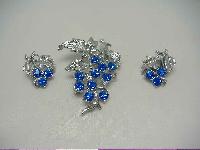 1950s Blue Diamante Floral Silver Brooch & Earrings Set