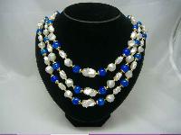 1950s 3 Row Faux Pearl & Blue Bead Necklace Nice Clasp